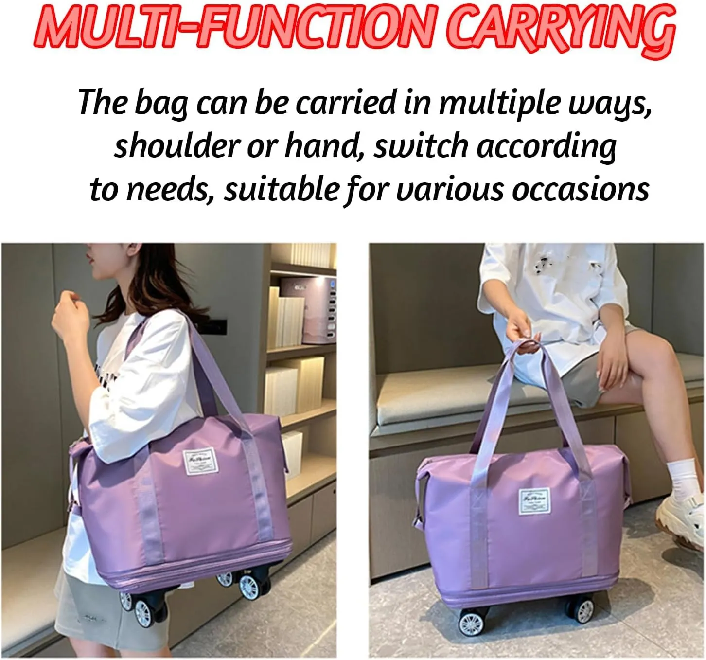 2025 new large capacity travel bag - universal wheel removable, Expandable Foldable Duffle Bag,Large Capacity Wide-Open, Dry and Wet Separation (light purple)