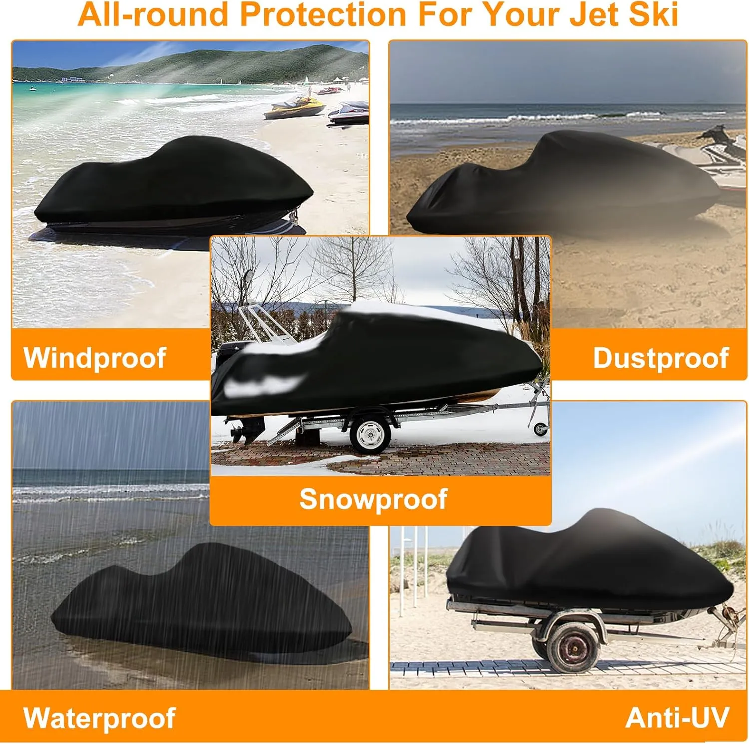 3 Seater Waterproof Jet Ski Covers, Upgraded 420D Heavy Duty Nano Coating PWC Cover,2 Air Vent Marine Grade UV Resistant for Seadoo,Kawasaki,Waverunner Polaris from 116" to 125"(Black)