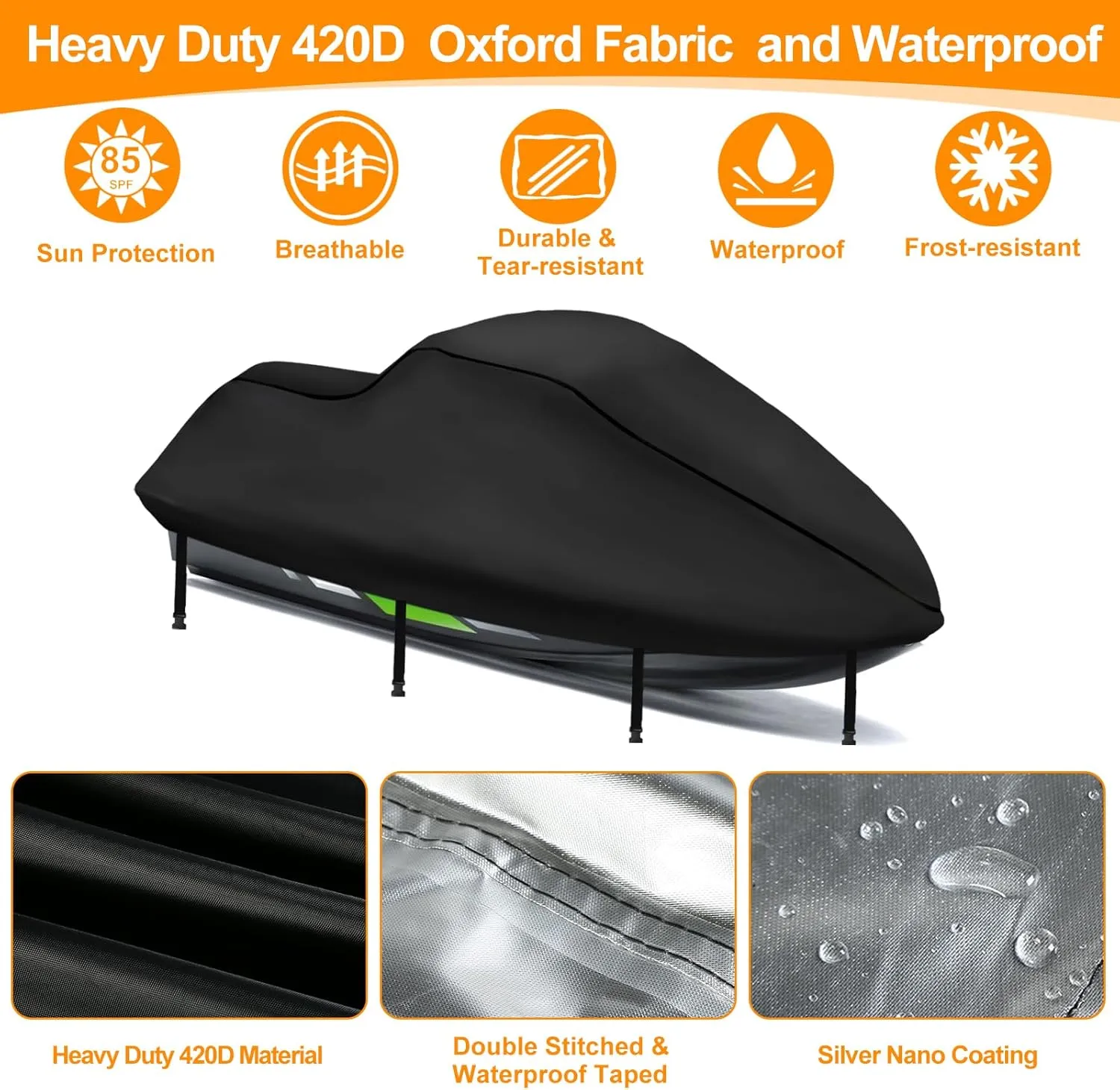 3 Seater Waterproof Jet Ski Covers, Upgraded 420D Heavy Duty Nano Coating PWC Cover,2 Air Vent Marine Grade UV Resistant for Seadoo,Kawasaki,Waverunner Polaris from 116" to 125"(Black)
