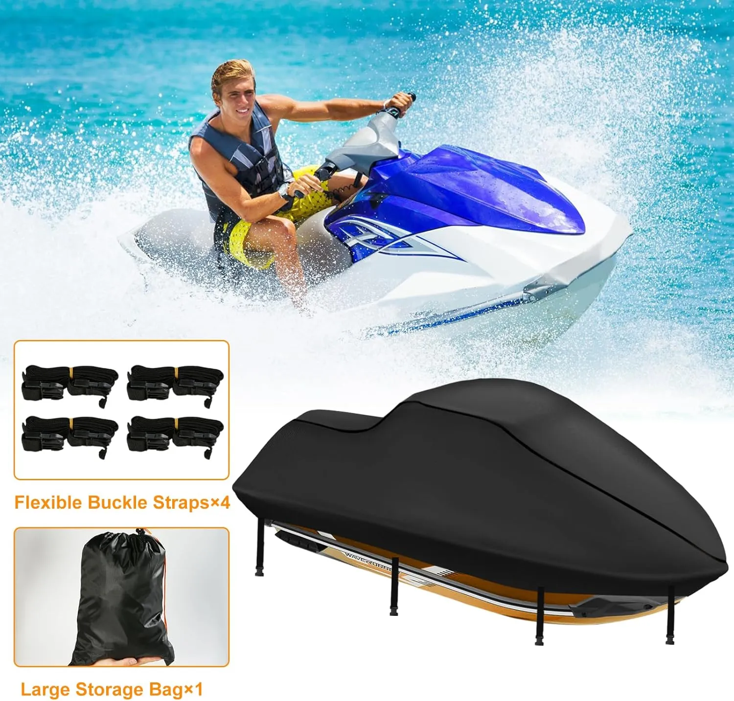 3 Seater Waterproof Jet Ski Covers, Upgraded 420D Heavy Duty Nano Coating PWC Cover,2 Air Vent Marine Grade UV Resistant for Seadoo,Kawasaki,Waverunner Polaris from 116" to 125"(Black)