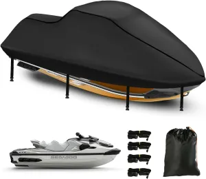 3 Seater Waterproof Jet Ski Covers, Upgraded 420D Heavy Duty Nano Coating PWC Cover,2 Air Vent Marine Grade UV Resistant for Seadoo,Kawasaki,Waverunner Polaris from 116" to 125"(Black)