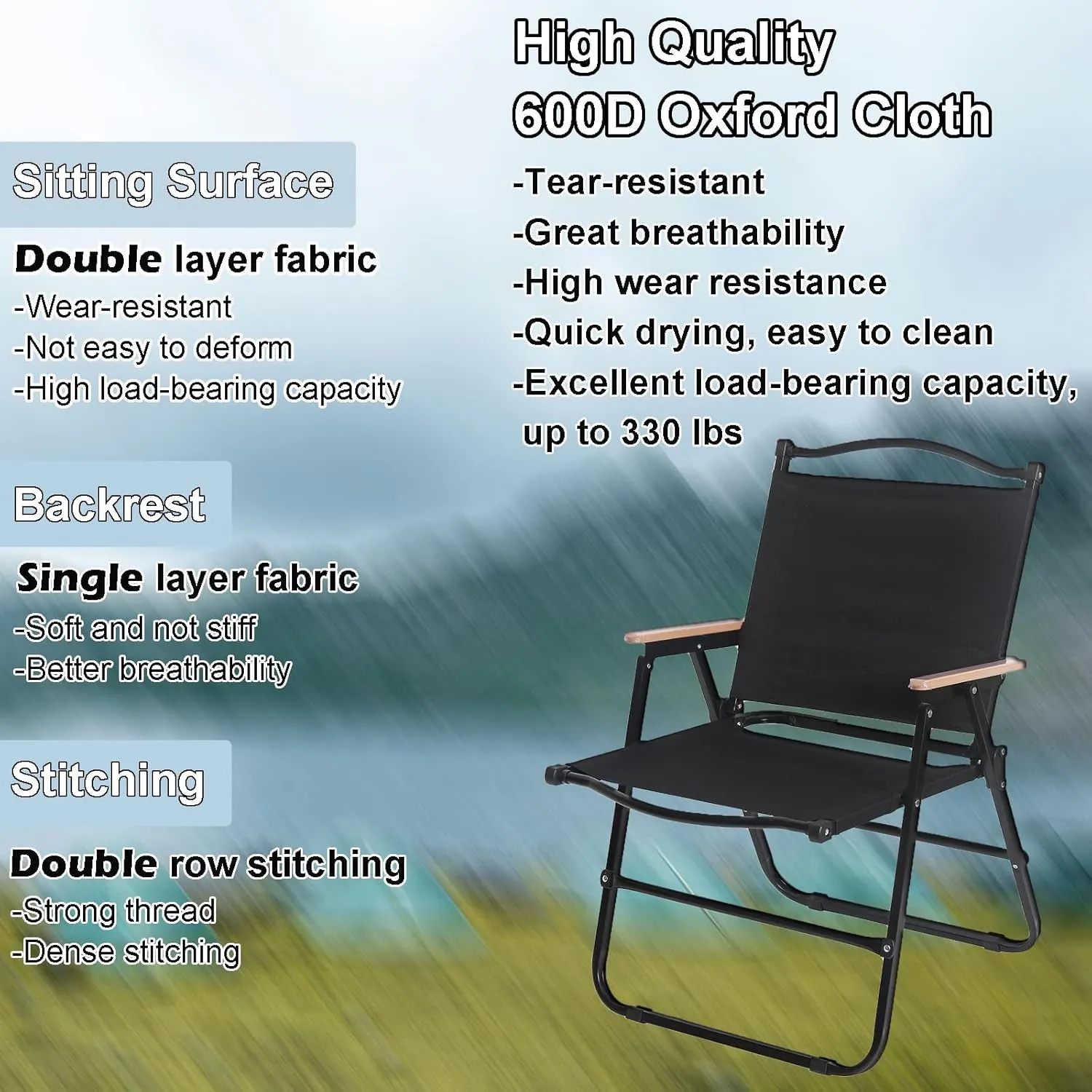 4 Pack Folding Camping Chairs for Adults, Portable Outdoor Beach Chair Foldable, Outdoor Camp Chairs with Metal Frame Wooden Handrail for Camping, Parety, Fishing, Beach, Lawns, Patio, Black