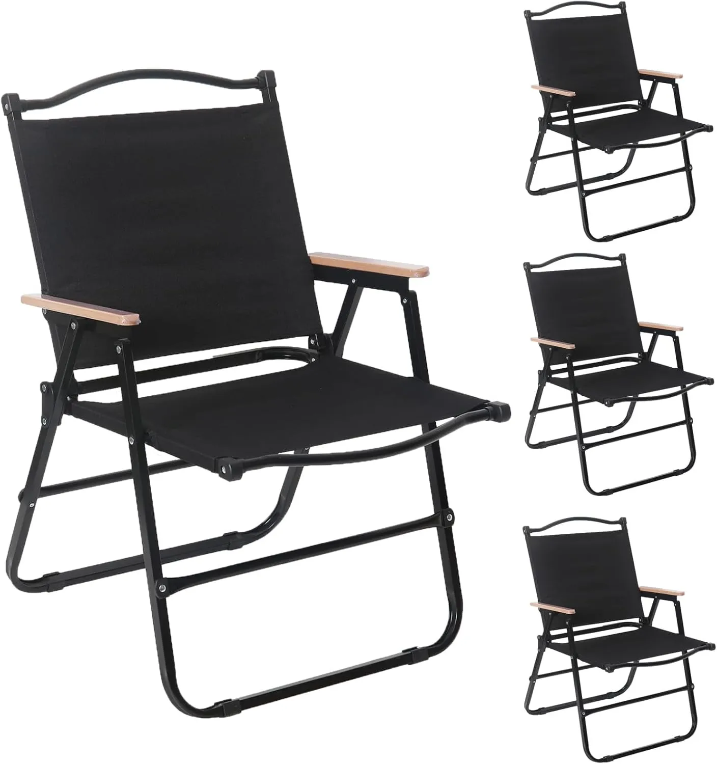4 Pack Folding Camping Chairs for Adults, Portable Outdoor Beach Chair Foldable, Outdoor Camp Chairs with Metal Frame Wooden Handrail for Camping, Parety, Fishing, Beach, Lawns, Patio, Black