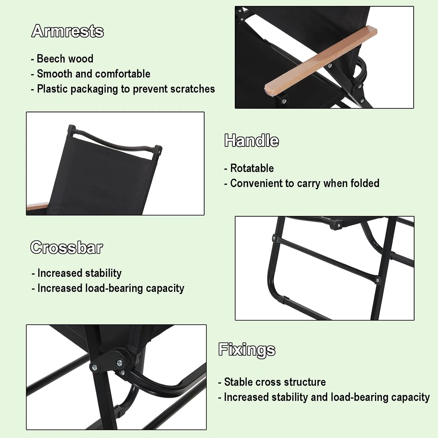 4 Pack Folding Camping Chairs for Adults, Portable Outdoor Beach Chair Foldable, Outdoor Camp Chairs with Metal Frame Wooden Handrail for Camping, Parety, Fishing, Beach, Lawns, Patio, Black