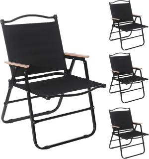 4 Pack Folding Camping Chairs for Adults, Portable Outdoor Beach Chair Foldable, Outdoor Camp Chairs with Metal Frame Wooden Handrail for Camping, Parety, Fishing, Beach, Lawns, Patio, Black