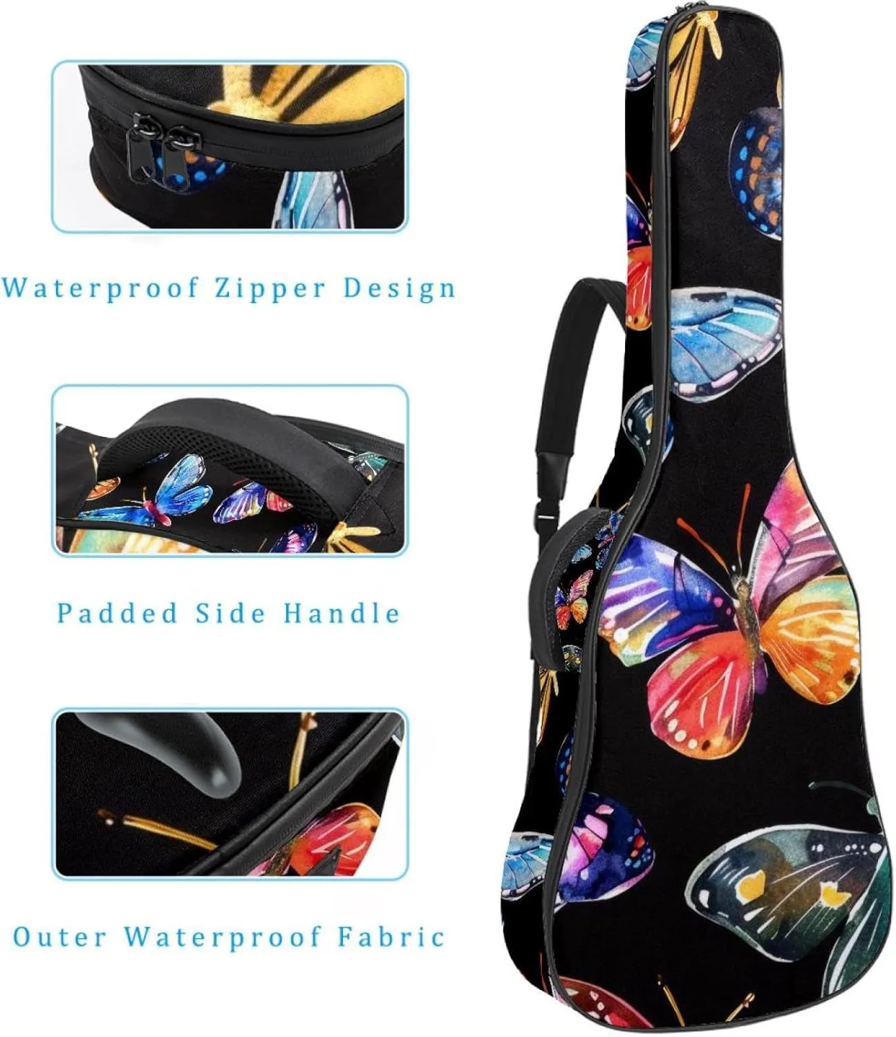 40 41 42 Inch Guitar Gig Bag, 0.4 In Thick Sponge Soft Padded Guitar Case Cover for Acoustic Electric Bass Classical Guitar, Watercolor Butterflies Pattern