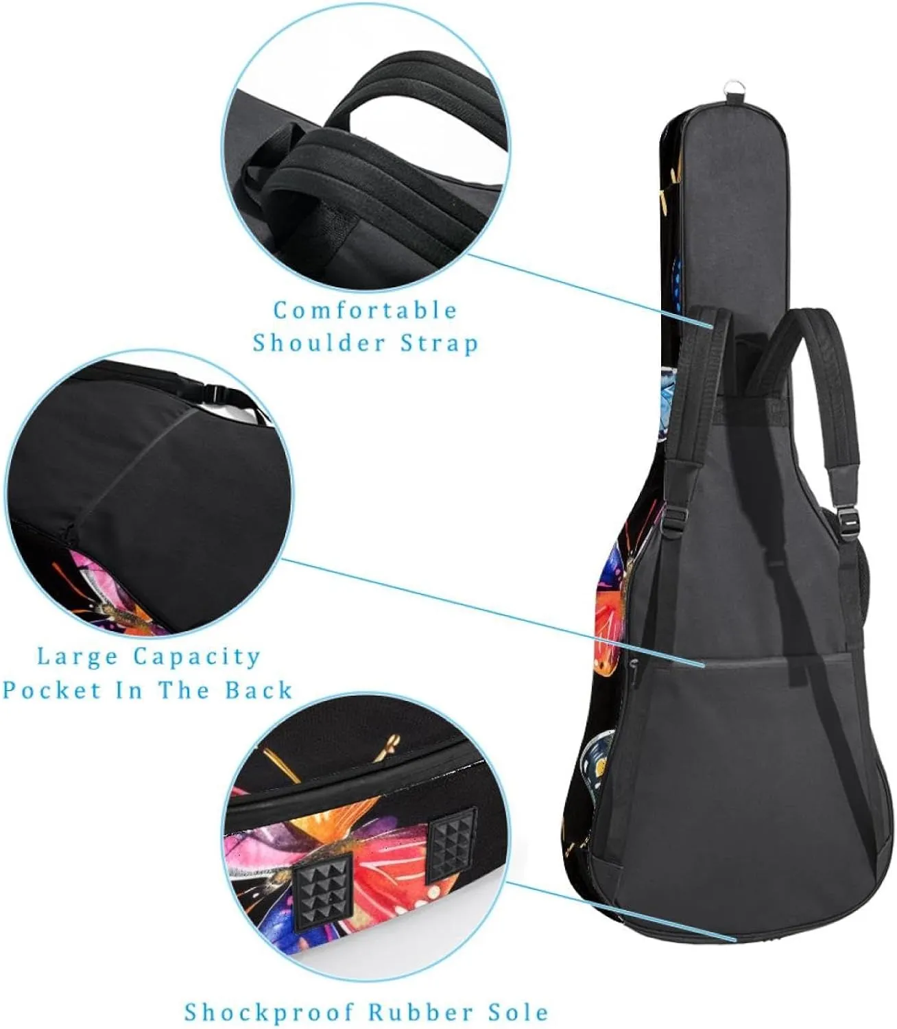 40 41 42 Inch Guitar Gig Bag, 0.4 In Thick Sponge Soft Padded Guitar Case Cover for Acoustic Electric Bass Classical Guitar, Watercolor Butterflies Pattern