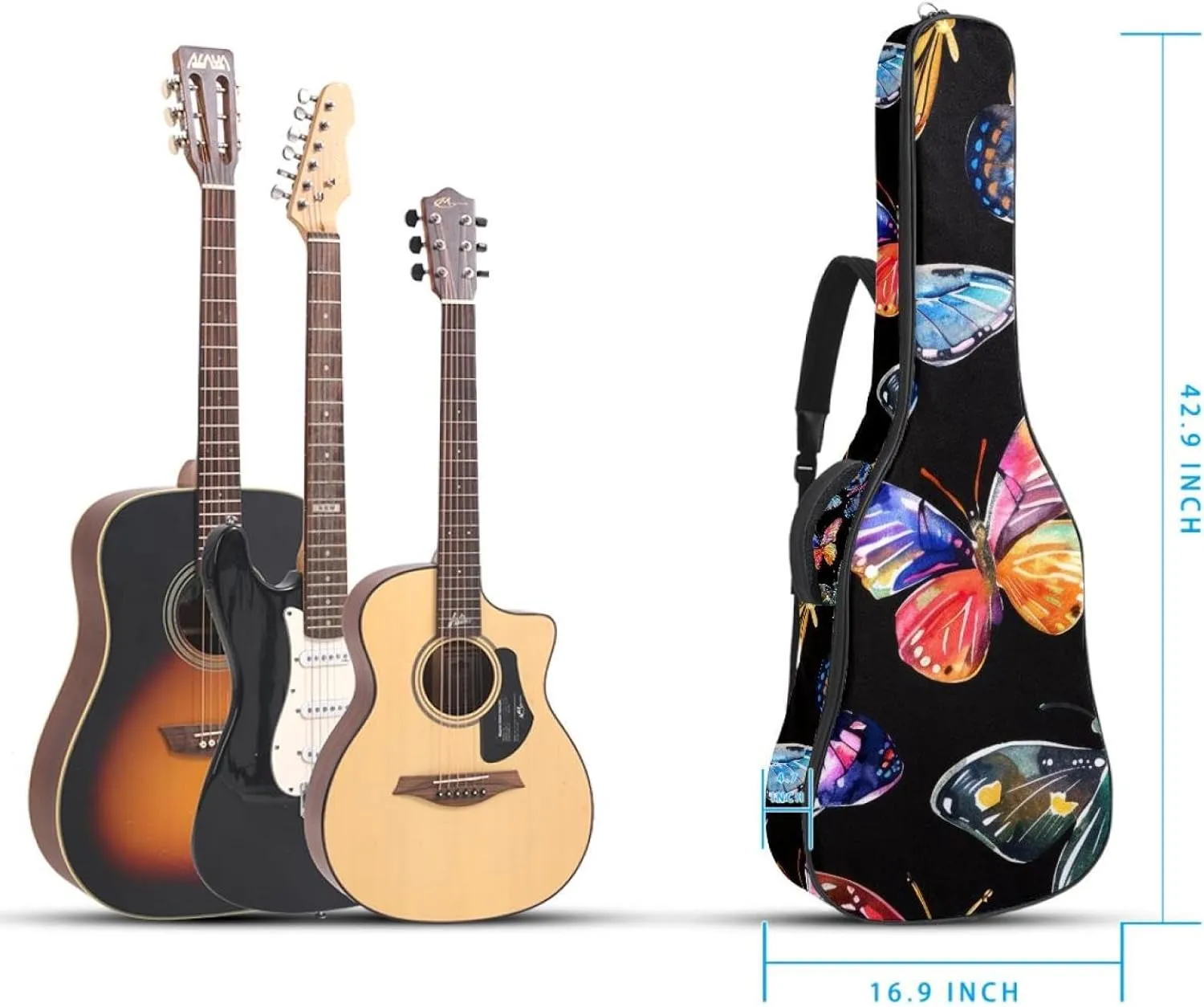 40 41 42 Inch Guitar Gig Bag, 0.4 In Thick Sponge Soft Padded Guitar Case Cover for Acoustic Electric Bass Classical Guitar, Watercolor Butterflies Pattern