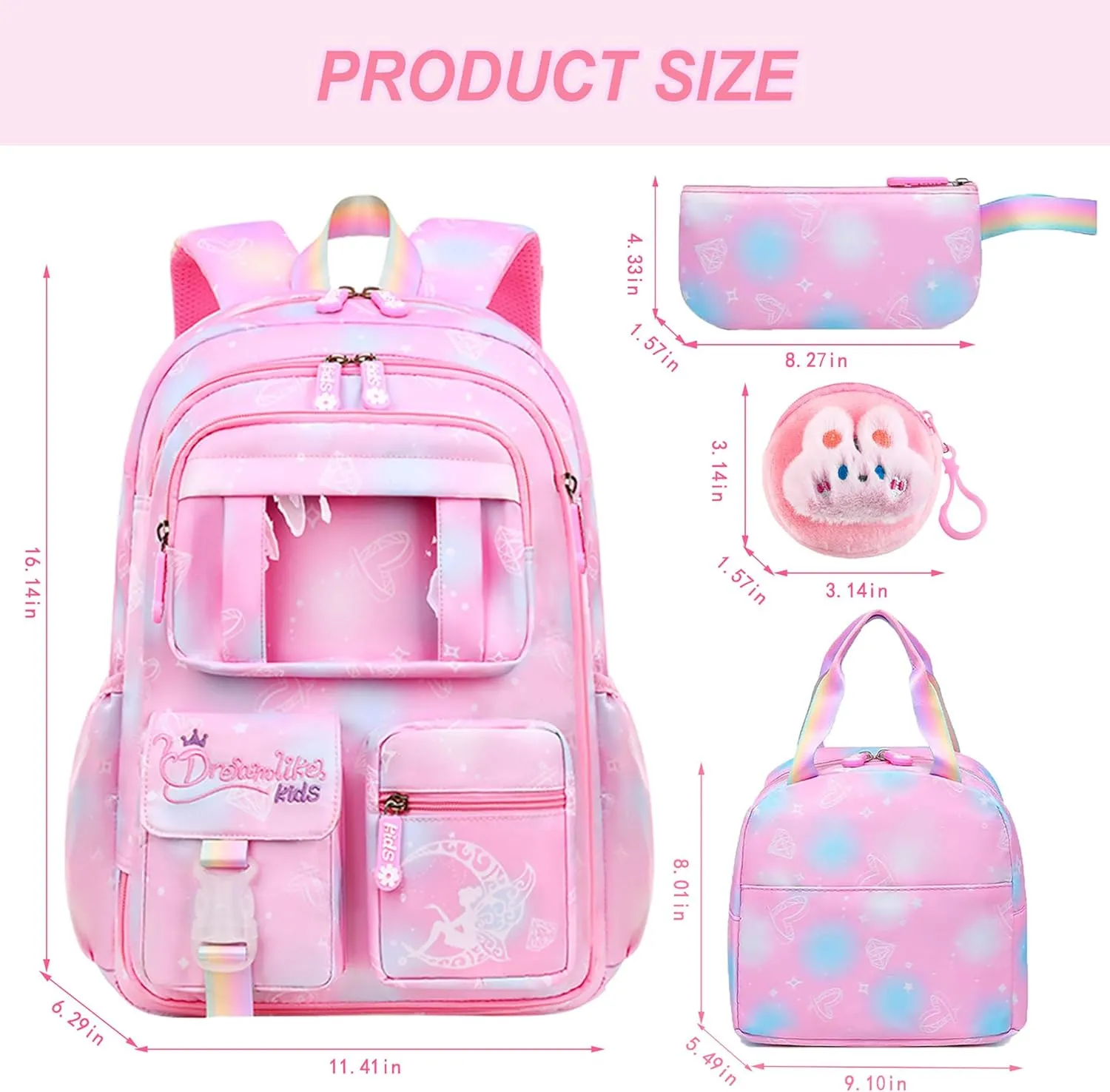 4Pcs Kawaii Backpack Set, Cute Heart Print Daypack Large Capacity Laptop Bag, 17in Double Shoulder Backpack