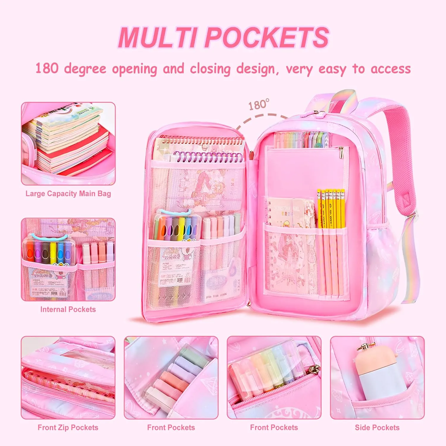 4Pcs Kawaii Backpack Set, Cute Heart Print Daypack Large Capacity Laptop Bag, 17in Double Shoulder Backpack