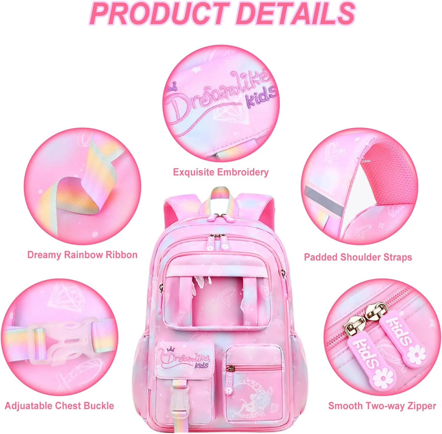 4Pcs Kawaii Backpack Set, Cute Heart Print Daypack Large Capacity Laptop Bag, 17in Double Shoulder Backpack