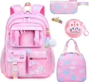 4Pcs Kawaii Backpack Set, Cute Heart Print Daypack Large Capacity Laptop Bag, 17in Double Shoulder Backpack