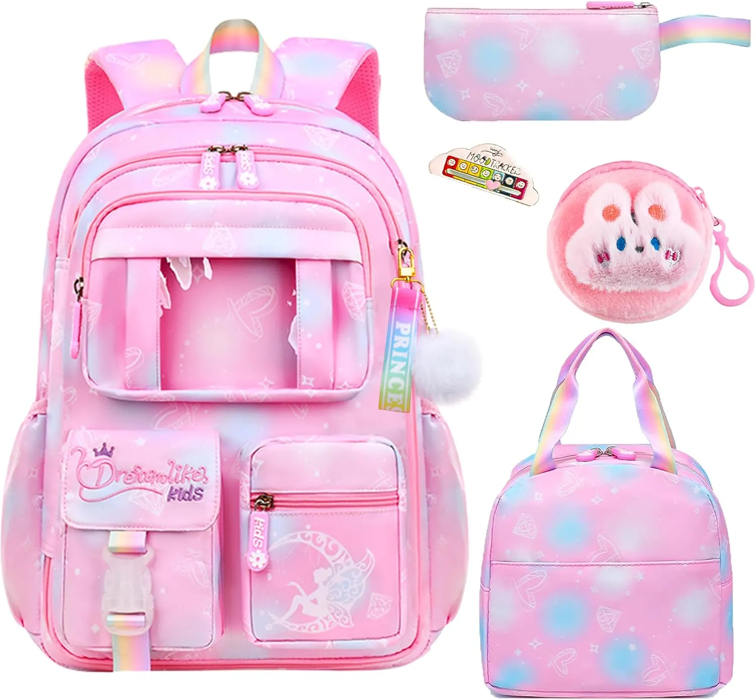 4Pcs Kawaii Backpack Set, Cute Heart Print Daypack Large Capacity Laptop Bag, 17in Double Shoulder Backpack