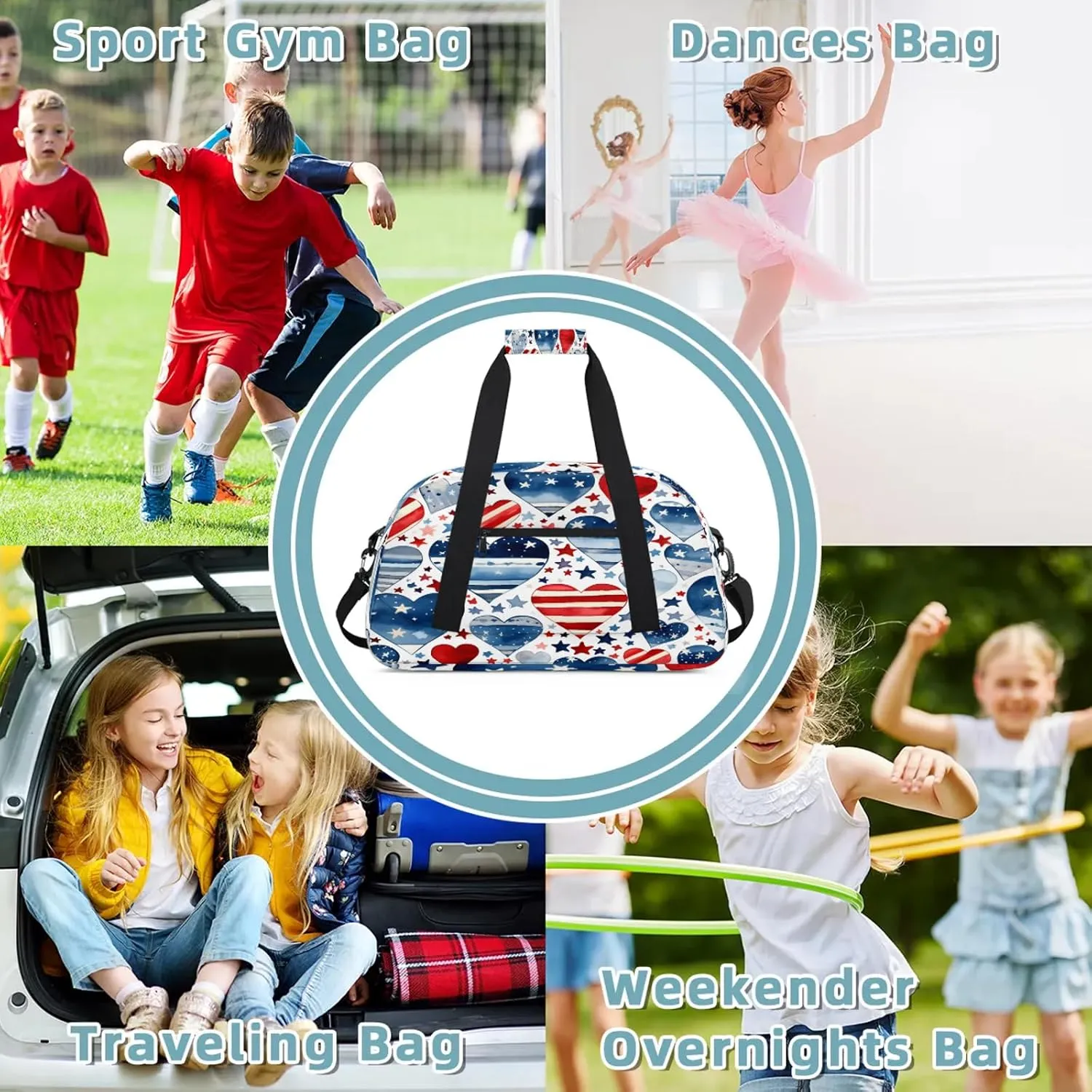 4th Of July Heart Small Gym Bag 18 inch Carry On Duffel Bag for Weekender Travel Sports Workout Yoga Gymnastics Dance Ballet