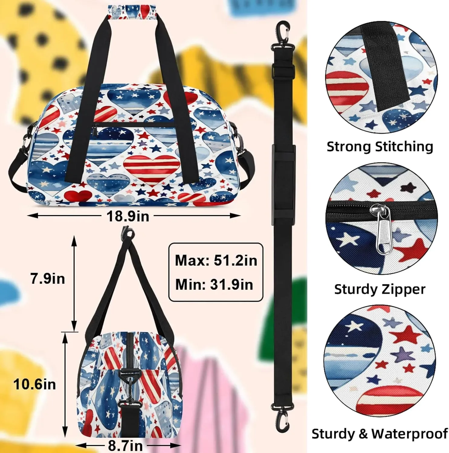 4th Of July Heart Small Gym Bag 18 inch Carry On Duffel Bag for Weekender Travel Sports Workout Yoga Gymnastics Dance Ballet