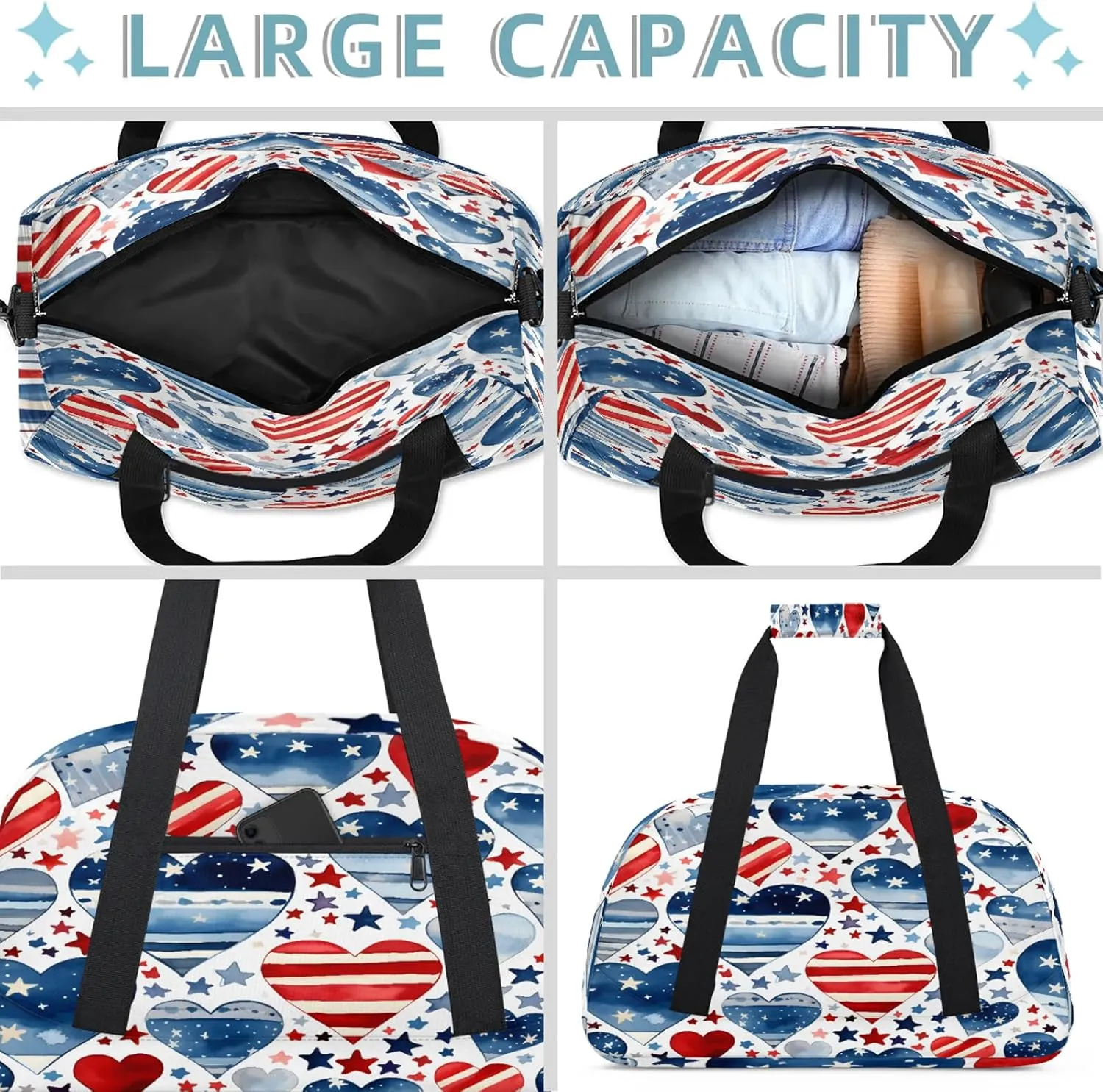 4th Of July Heart Small Gym Bag 18 inch Carry On Duffel Bag for Weekender Travel Sports Workout Yoga Gymnastics Dance Ballet