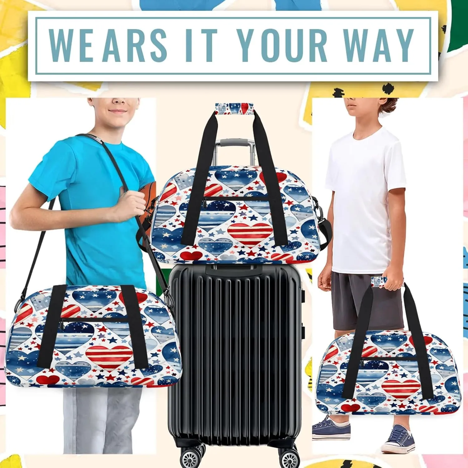4th Of July Heart Small Gym Bag 18 inch Carry On Duffel Bag for Weekender Travel Sports Workout Yoga Gymnastics Dance Ballet