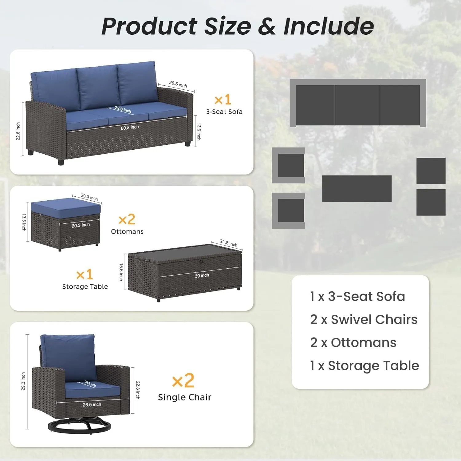 6 PCS Outdoor Patio Furniture Set with Swivel Chairs & Ottomans All-Weather Rattan Wicker Sofa Set with Cushions & Coffee Table, Perfect for Backyard, Deck, Garden – Brown Rattan & Blue Cushions