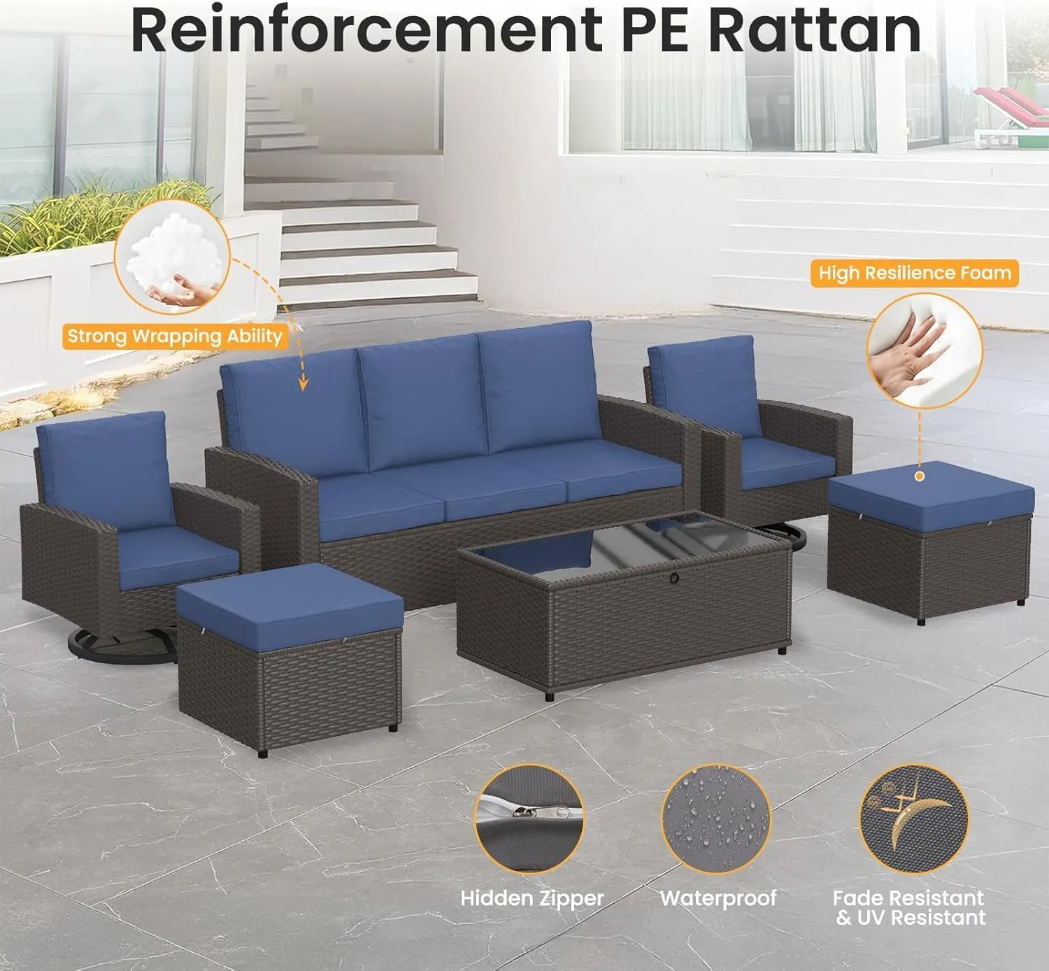 6 PCS Outdoor Patio Furniture Set with Swivel Chairs & Ottomans All-Weather Rattan Wicker Sofa Set with Cushions & Coffee Table, Perfect for Backyard, Deck, Garden – Brown Rattan & Blue Cushions