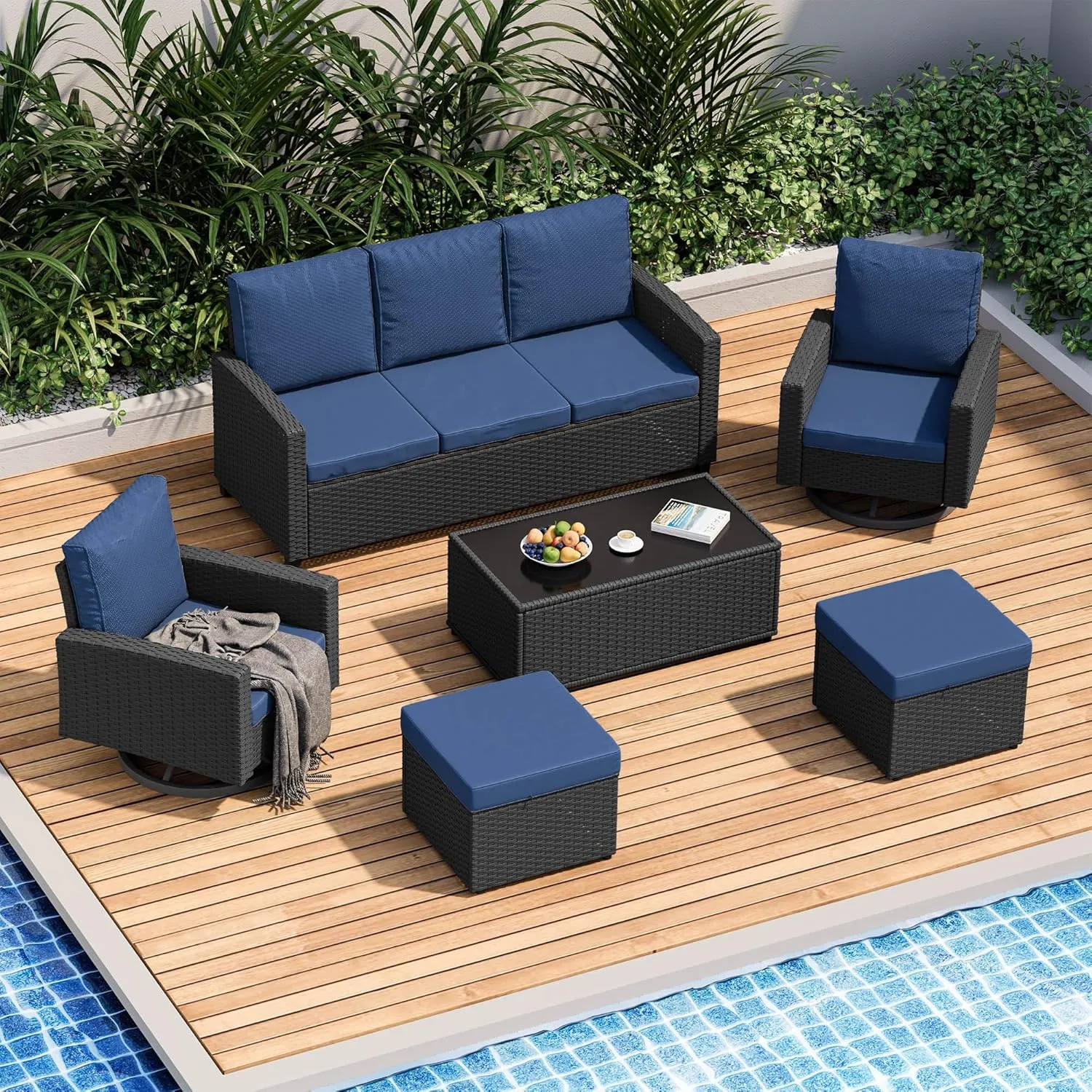 6 PCS Outdoor Patio Furniture Set with Swivel Chairs & Ottomans All-Weather Rattan Wicker Sofa Set with Cushions & Coffee Table, Perfect for Backyard, Deck, Garden – Brown Rattan & Blue Cushions