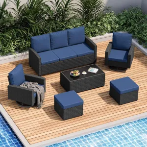 6 PCS Outdoor Patio Furniture Set with Swivel Chairs & Ottomans All-Weather Rattan Wicker Sofa Set with Cushions & Coffee Table, Perfect for Backyard, Deck, Garden – Brown Rattan & Blue Cushions