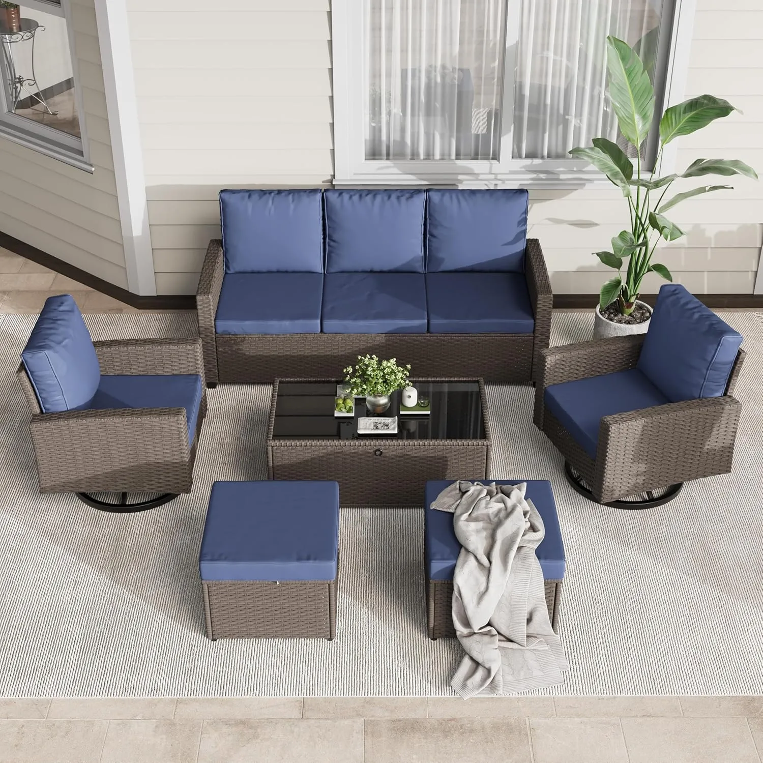 6 PCS Outdoor Patio Furniture Set with Swivel Chairs & Ottomans All-Weather Rattan Wicker Sofa Set with Cushions & Coffee Table, Perfect for Backyard, Deck, Garden – Brown Rattan & Blue Cushions