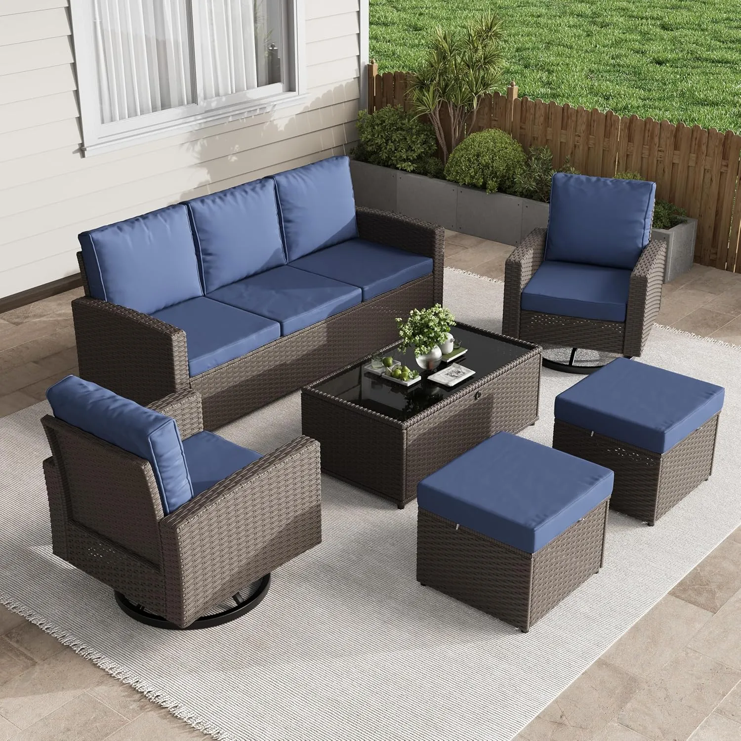6 PCS Outdoor Patio Furniture Set with Swivel Chairs & Ottomans All-Weather Rattan Wicker Sofa Set with Cushions & Coffee Table, Perfect for Backyard, Deck, Garden – Brown Rattan & Blue Cushions