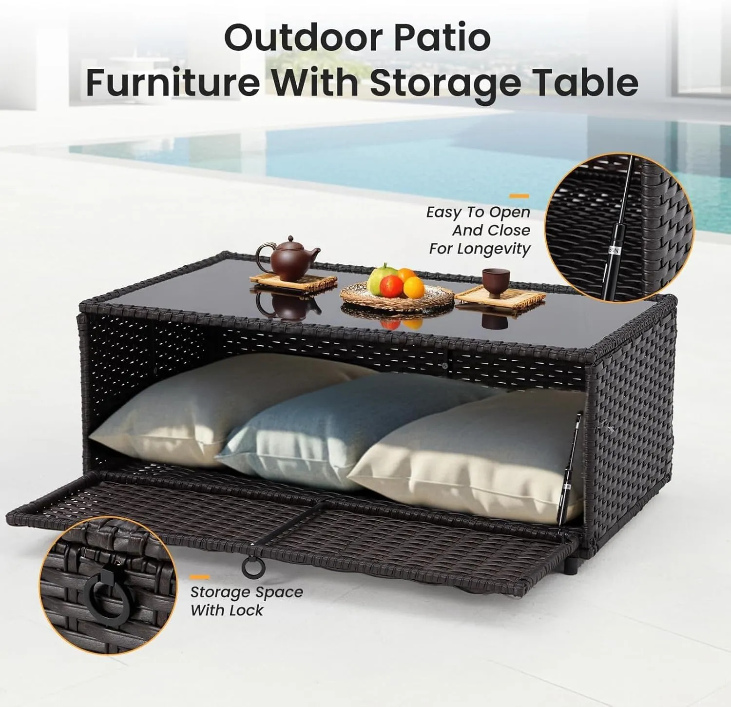 6 PCS Outdoor Patio Furniture Set with Swivel Chairs & Ottomans All-Weather Rattan Wicker Sofa Set with Cushions & Coffee Table, Perfect for Backyard, Deck, Garden – Brown Rattan & Blue Cushions