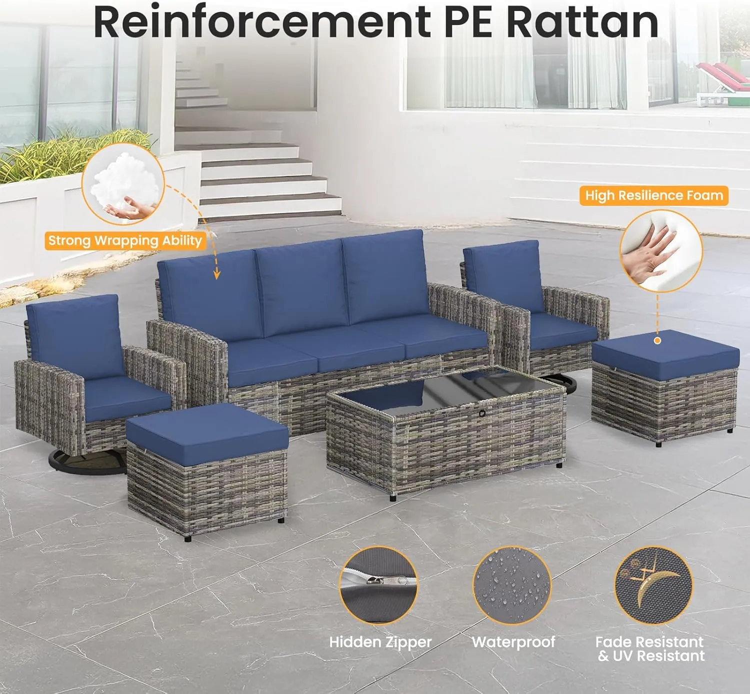 6 Piece Outdoor Patio Furniture Set, Outdoor Wicker Rattan Sofa with Swivel Chairs, Ottomans, Comfy Cushions, Coffee Table, All Weather Conversation Set for Garden, Backyard - Gray Rattan/Blue