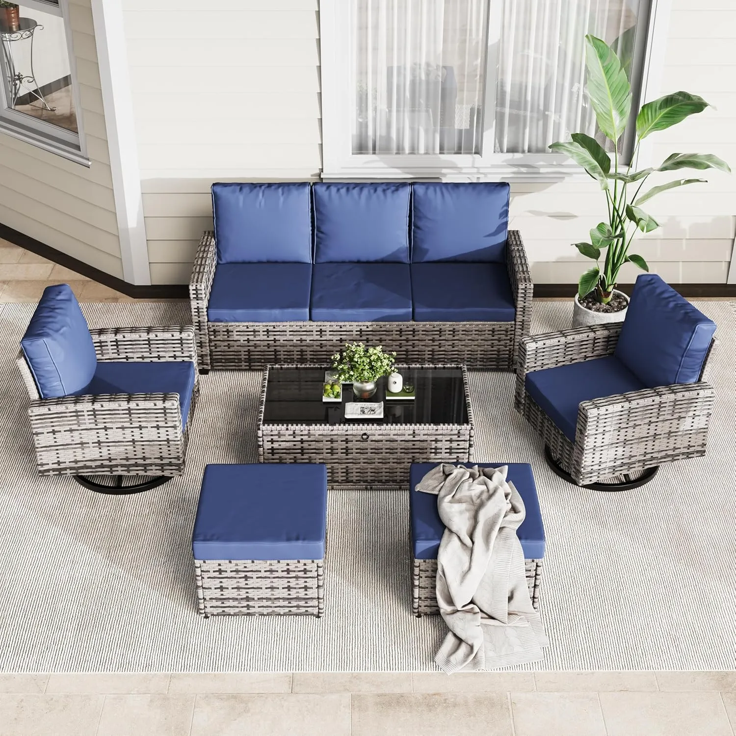 6 Piece Outdoor Patio Furniture Set, Outdoor Wicker Rattan Sofa with Swivel Chairs, Ottomans, Comfy Cushions, Coffee Table, All Weather Conversation Set for Garden, Backyard - Gray Rattan/Blue