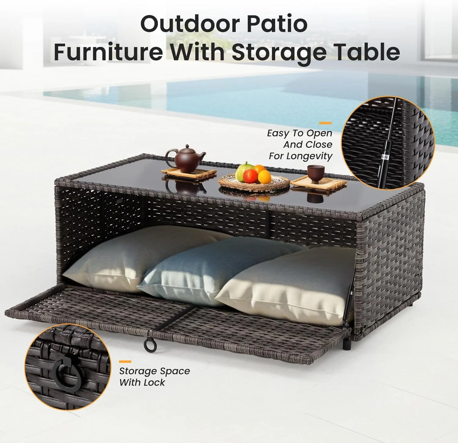6 Piece Outdoor Patio Furniture Set, Outdoor Wicker Rattan Sofa with Swivel Chairs, Ottomans, Comfy Cushions, Coffee Table, All Weather Conversation Set for Garden, Backyard - Gray Rattan/Blue