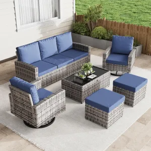 6 Piece Outdoor Patio Furniture Set, Outdoor Wicker Rattan Sofa with Swivel Chairs, Ottomans, Comfy Cushions, Coffee Table, All Weather Conversation Set for Garden, Backyard - Gray Rattan/Blue