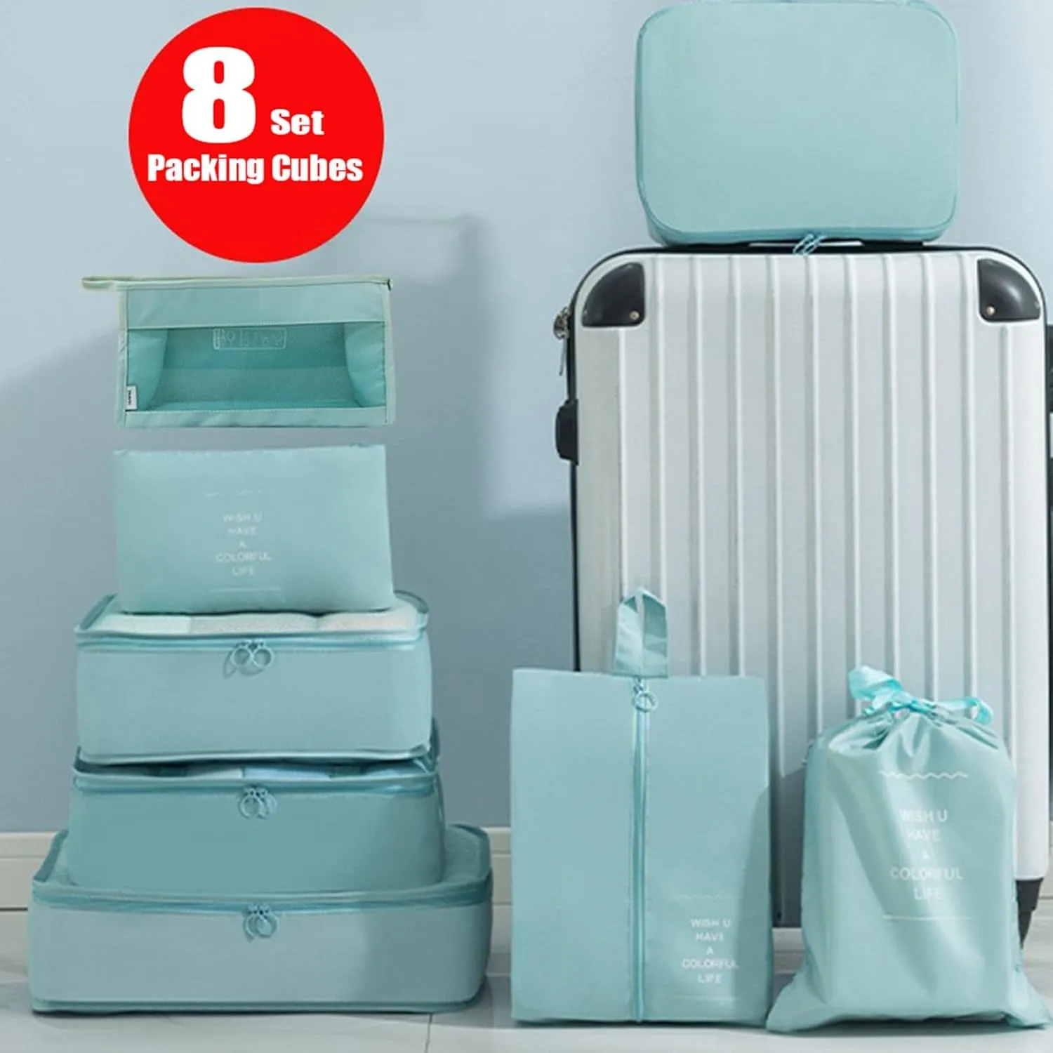 8 Set Packing Cubes, Carry On Luggage Organizer Bags with Shoe Bags Travel Underwear Storage Bag (Lake blue)