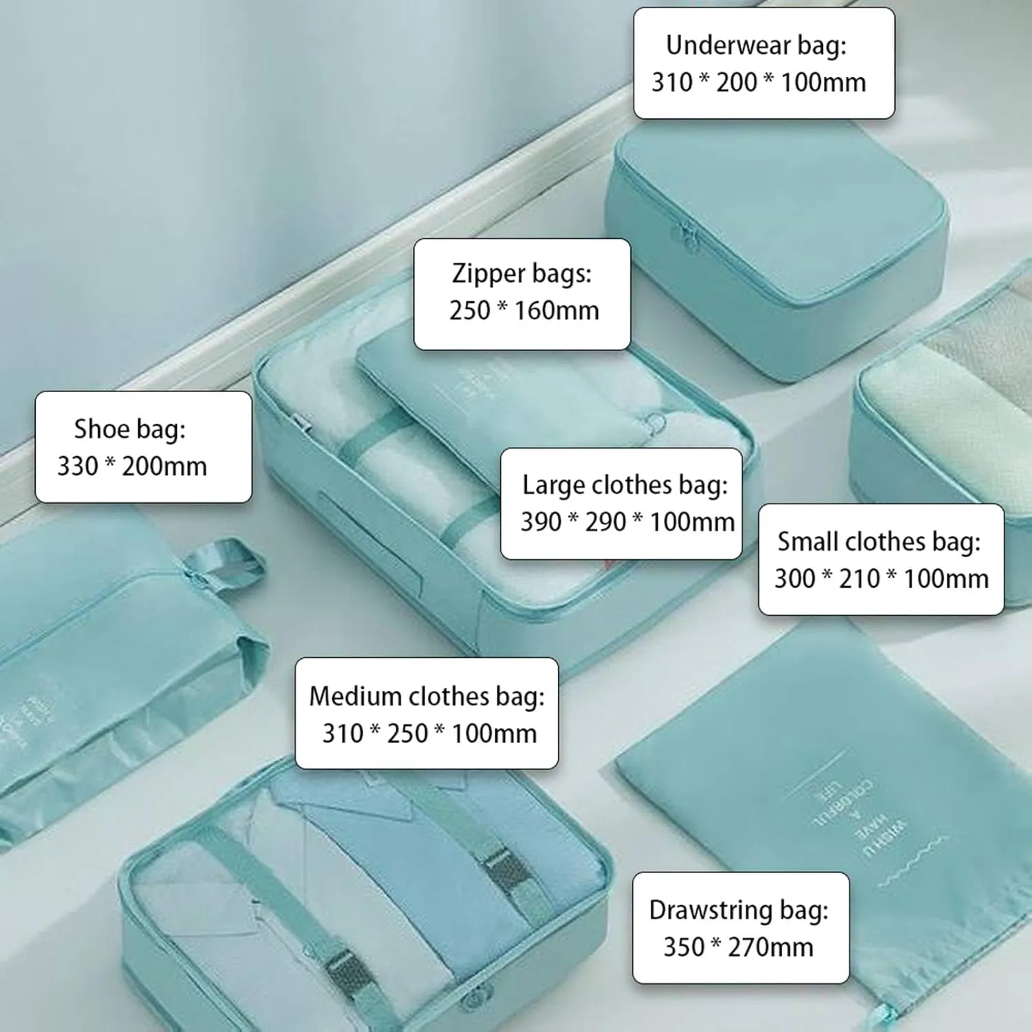 8 Set Packing Cubes, Carry On Luggage Organizer Bags with Shoe Bags Travel Underwear Storage Bag (Lake blue)