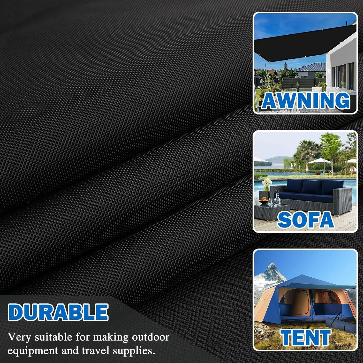840D Waterproof Canvas Fabric with PU Backing Anti UV Marine Canvas Material Outdoor Oxford Material for Tents,Boats,Camping (Black, 72inchx60inch)