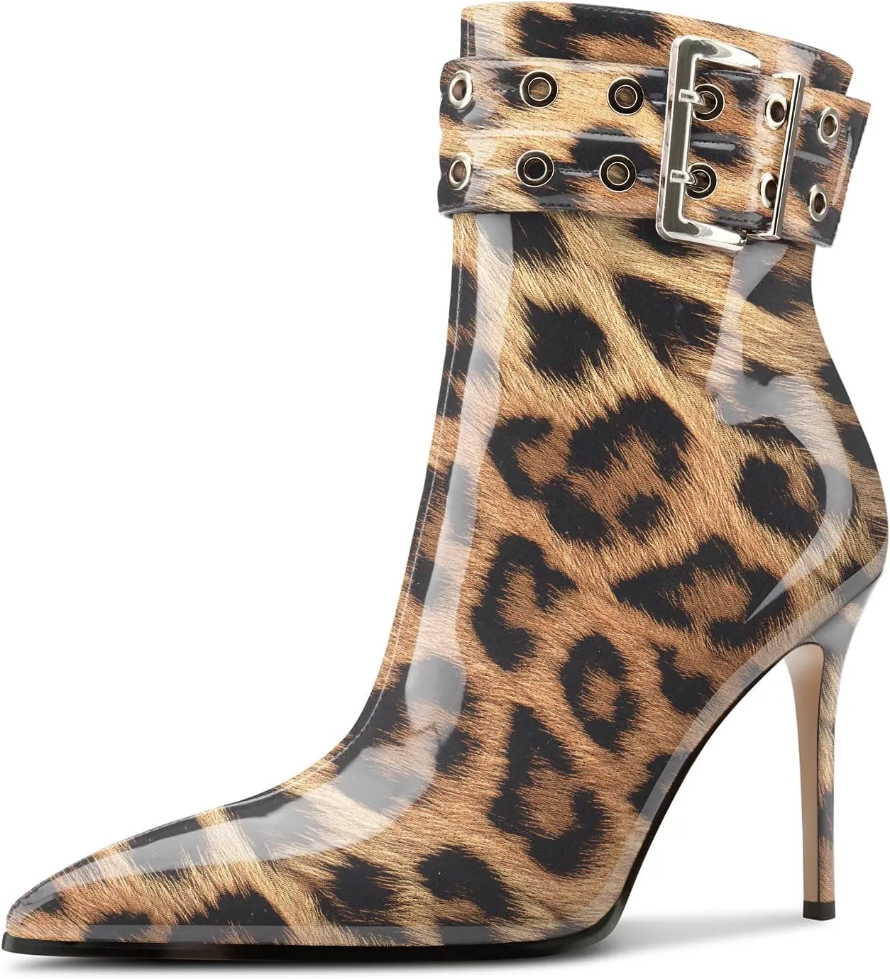 Aachcol Womens Pointed Toe Stiletto Heel Buckle Ankle Boots Patent Leather High Heel Mid Calf Zipper 4 Inches Heels Booties