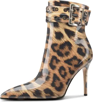 Aachcol Womens Pointed Toe Stiletto Heel Buckle Ankle Boots Patent Leather High Heel Mid Calf Zipper 4 Inches Heels Booties
