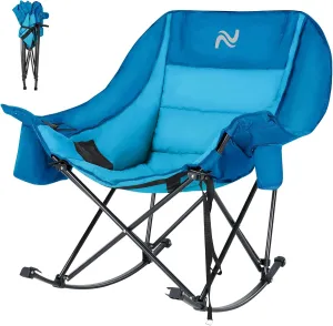 ABORON Oversized Rocking Camping Chair for Adults, Fully Padded Folding Outdoor Lawn Chair with Cooler Bag & Side Pocket, Portable Recliner Chair for Camp, Patio, Backyard, Supports 400 lbs