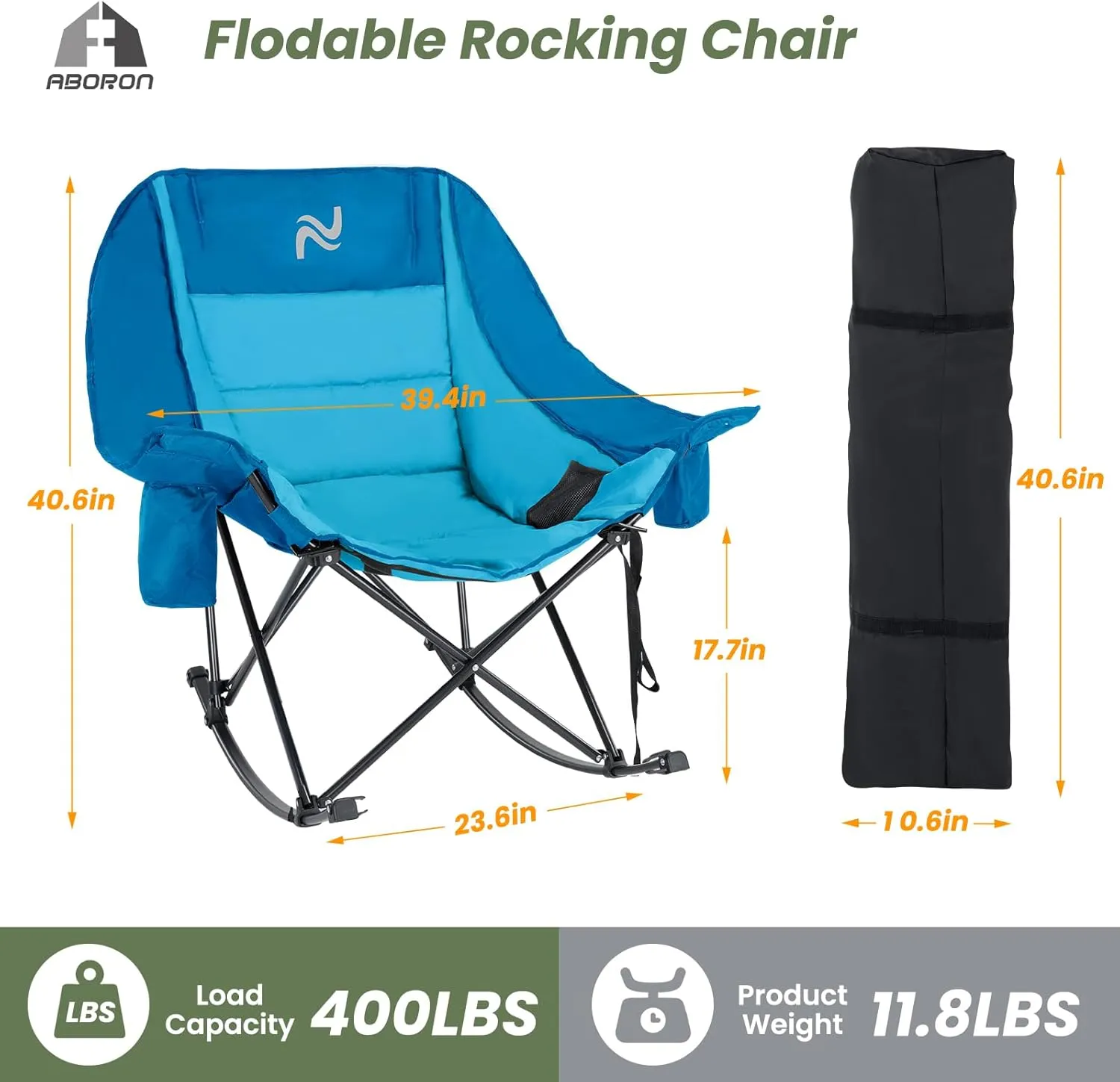 ABORON Oversized Rocking Camping Chair for Adults, Fully Padded Folding Outdoor Lawn Chair with Cooler Bag & Side Pocket, Portable Recliner Chair for Camp, Patio, Backyard, Supports 400 lbs