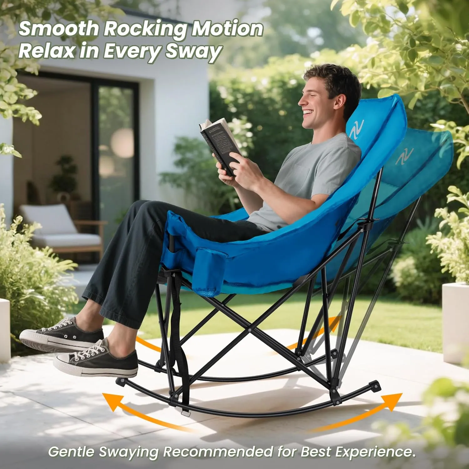ABORON Oversized Rocking Camping Chair for Adults, Fully Padded Folding Outdoor Lawn Chair with Cooler Bag & Side Pocket, Portable Recliner Chair for Camp, Patio, Backyard, Supports 400 lbs