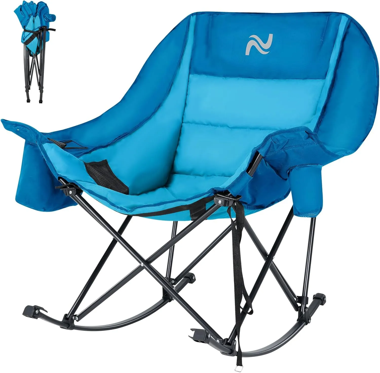 ABORON Oversized Rocking Camping Chair for Adults, Fully Padded Folding Outdoor Lawn Chair with Cooler Bag & Side Pocket, Portable Recliner Chair for Camp, Patio, Backyard, Supports 400 lbs