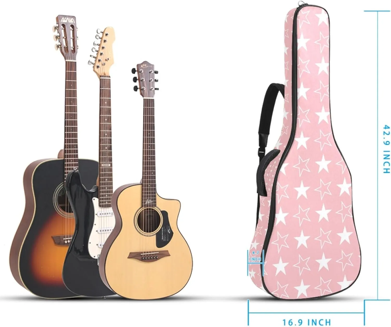 Acoustic 40/41/42 Inch Pink Background Stars Large Capacity Guitar Gig Bag 0.4Inch Extra Thick Sponge Overly Padded, with Two Storage Pockets, Waterproof Guitar Case