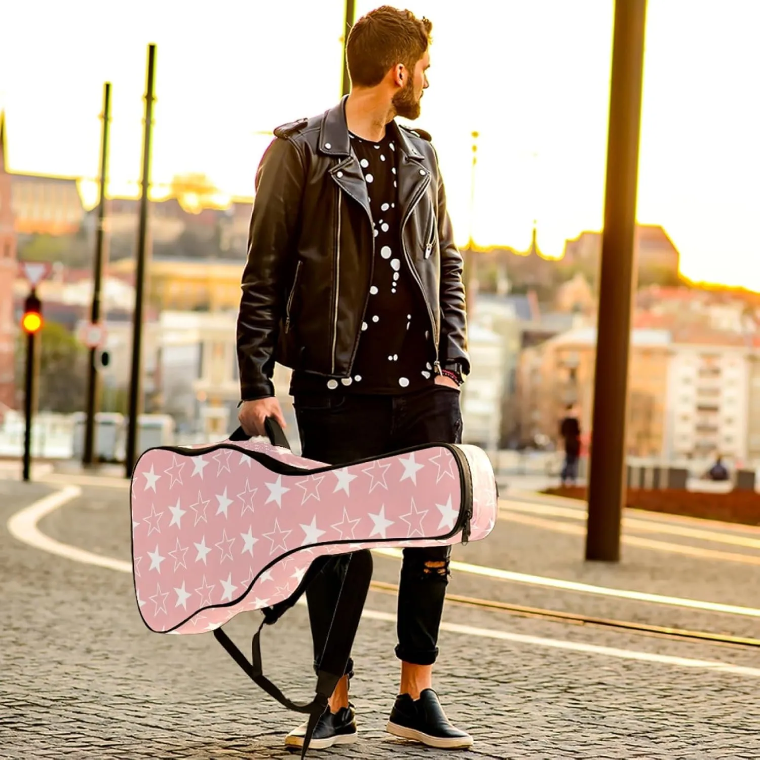 Acoustic 40/41/42 Inch Pink Background Stars Large Capacity Guitar Gig Bag 0.4Inch Extra Thick Sponge Overly Padded, with Two Storage Pockets, Waterproof Guitar Case