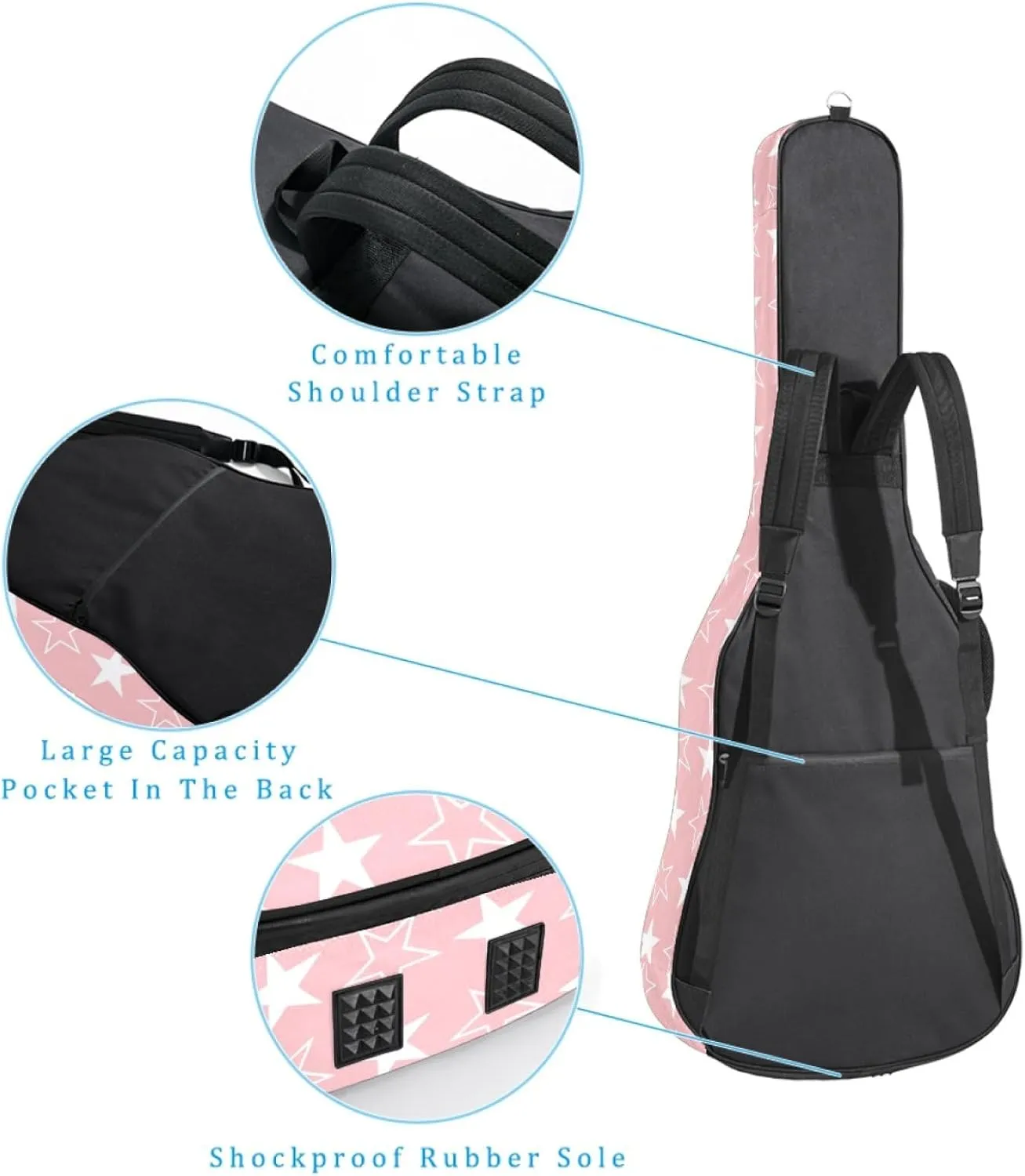 Acoustic 40/41/42 Inch Pink Background Stars Large Capacity Guitar Gig Bag 0.4Inch Extra Thick Sponge Overly Padded, with Two Storage Pockets, Waterproof Guitar Case