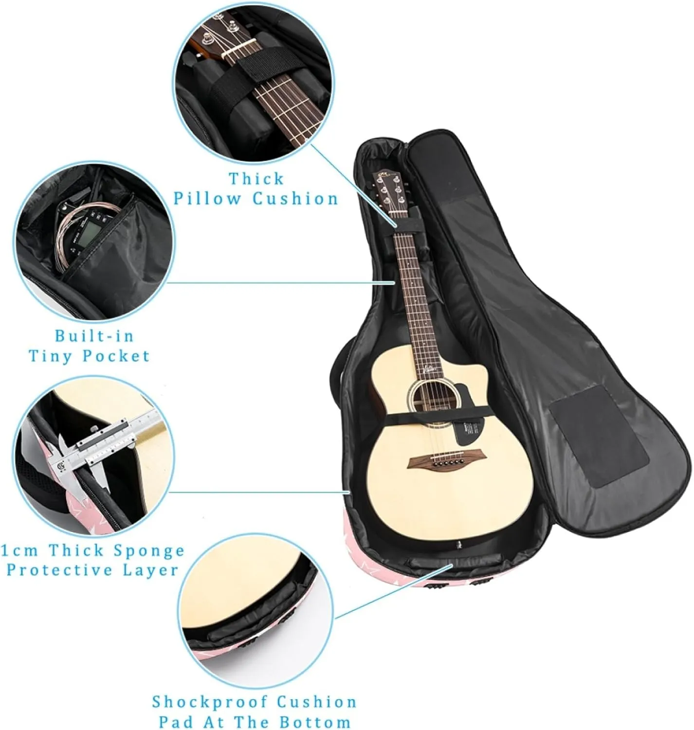 Acoustic 40/41/42 Inch Pink Background Stars Large Capacity Guitar Gig Bag 0.4Inch Extra Thick Sponge Overly Padded, with Two Storage Pockets, Waterproof Guitar Case