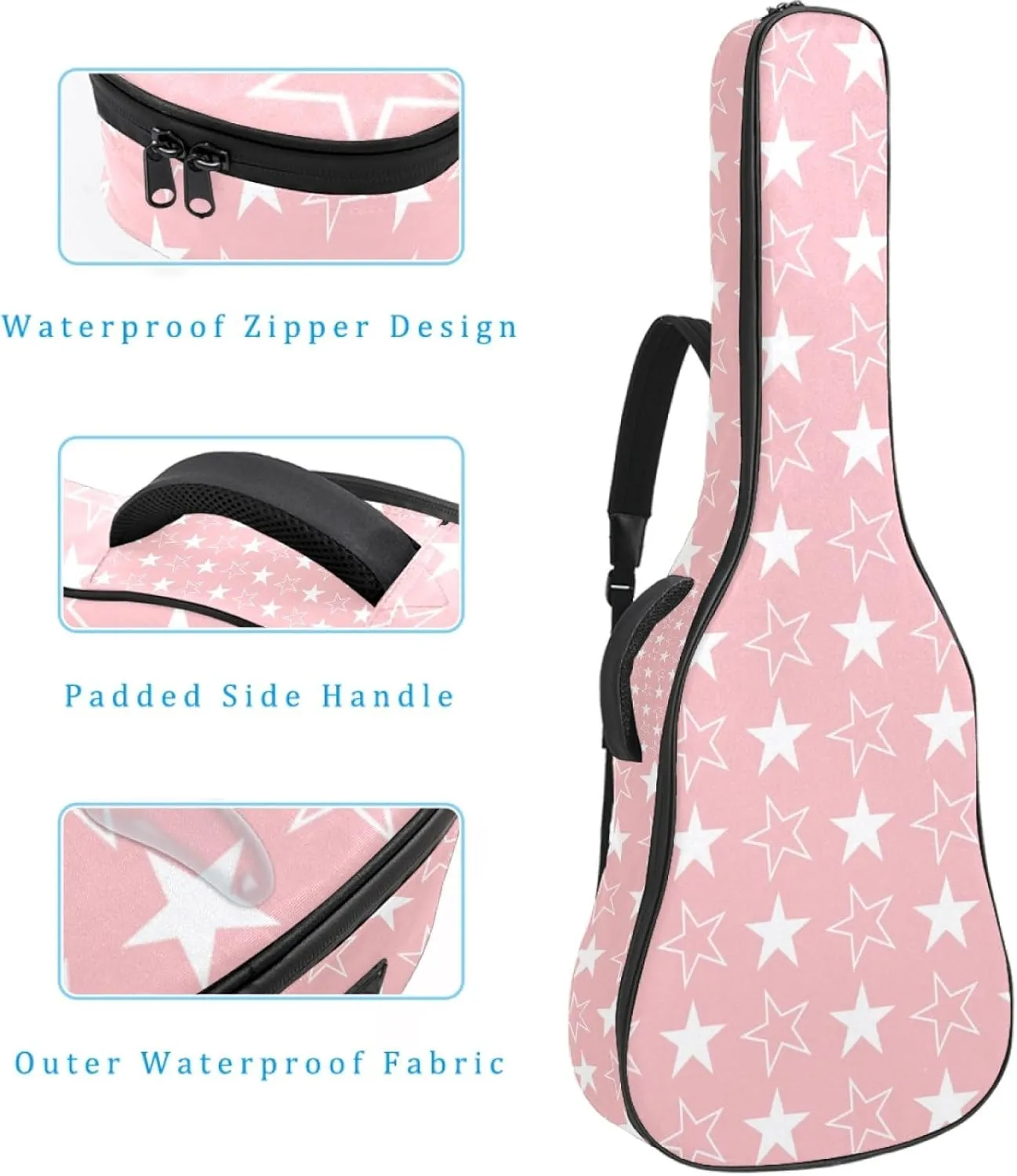 Acoustic 40/41/42 Inch Pink Background Stars Large Capacity Guitar Gig Bag 0.4Inch Extra Thick Sponge Overly Padded, with Two Storage Pockets, Waterproof Guitar Case