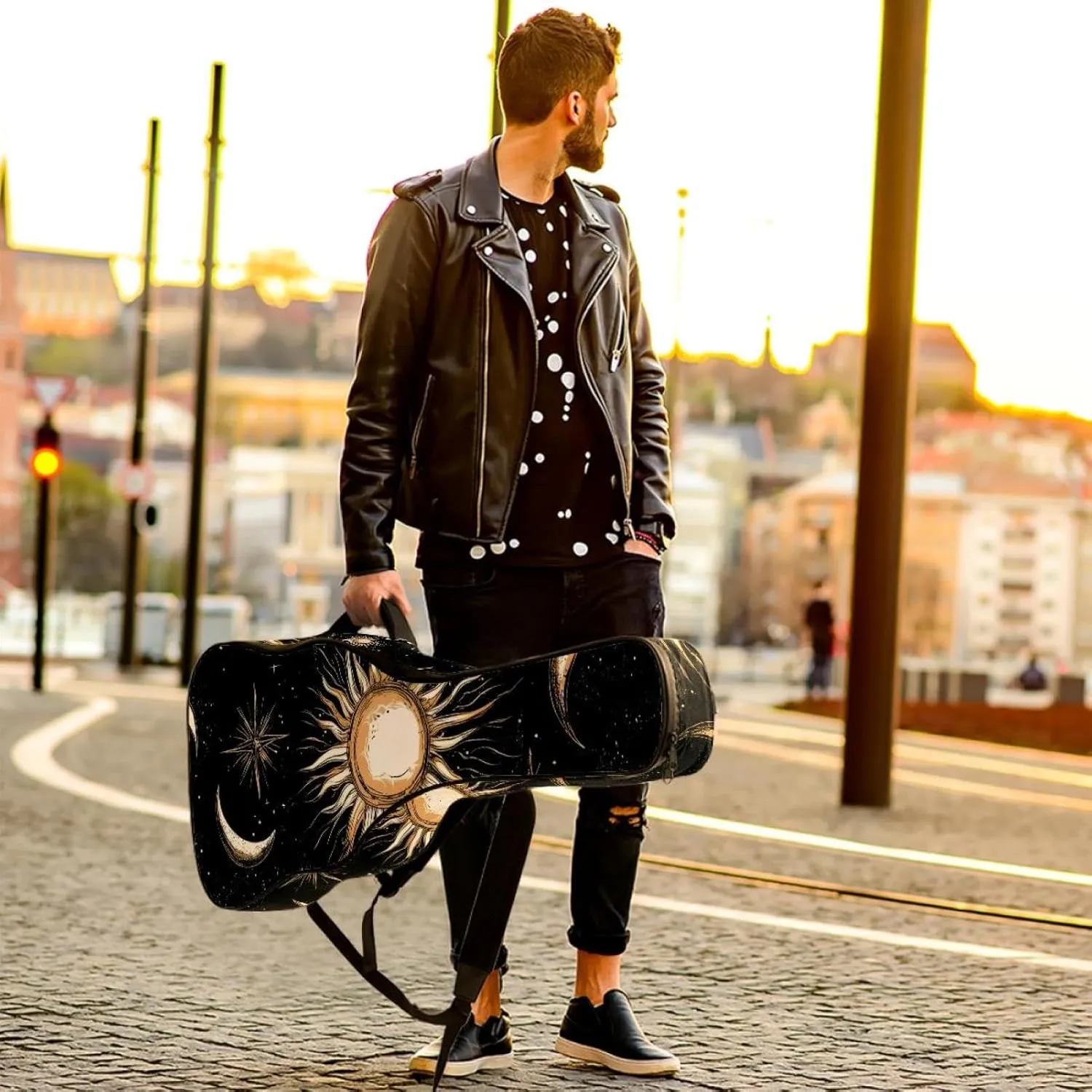 Acoustic Guitar Bag 1 cm Thick Padding, Waterproof Oxford Cloth Guitar Bag Backpack for 40-42 Inch Electric Bass Classical Guitars, Art Cosmic Space with Sun Moon Star Planet and Constellations