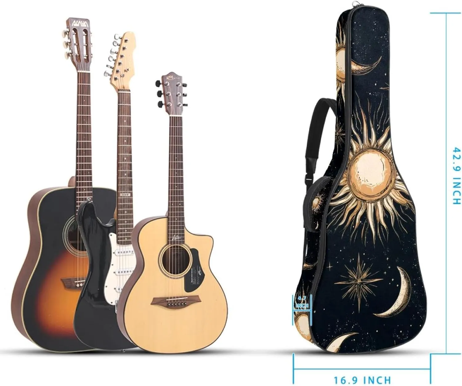 Acoustic Guitar Bag 1 cm Thick Padding, Waterproof Oxford Cloth Guitar Bag Backpack for 40-42 Inch Electric Bass Classical Guitars, Art Cosmic Space with Sun Moon Star Planet and Constellations