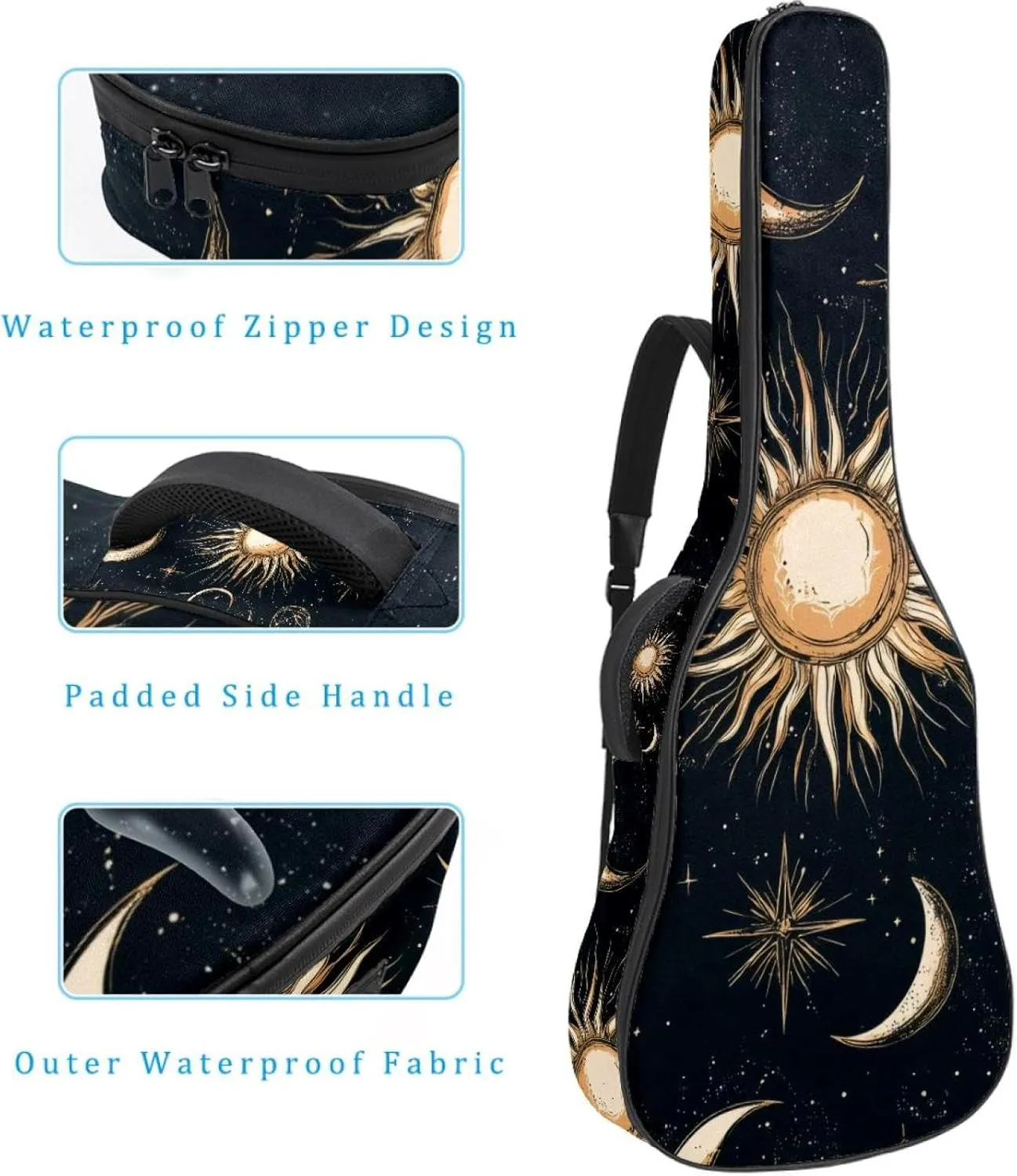 Acoustic Guitar Bag 1 cm Thick Padding, Waterproof Oxford Cloth Guitar Bag Backpack for 40-42 Inch Electric Bass Classical Guitars, Art Cosmic Space with Sun Moon Star Planet and Constellations