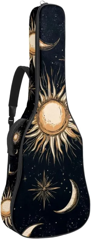 Acoustic Guitar Bag 1 cm Thick Padding, Waterproof Oxford Cloth Guitar Bag Backpack for 40-42 Inch Electric Bass Classical Guitars, Art Cosmic Space with Sun Moon Star Planet and Constellations